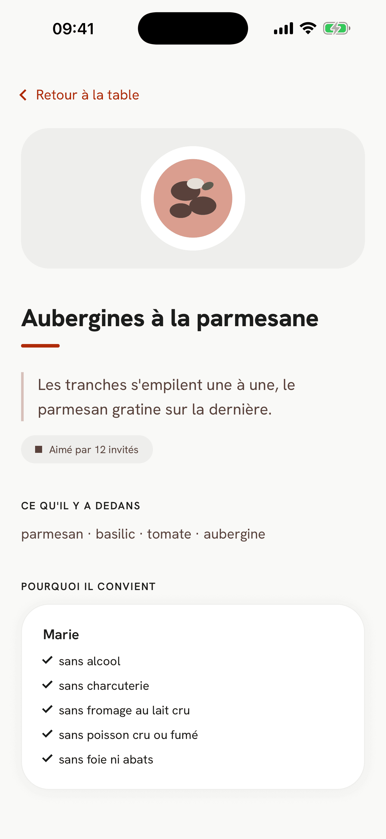 Le détail d'un plat dans Tablee : les ingrédients, et pourquoi il convient à chaque invité.